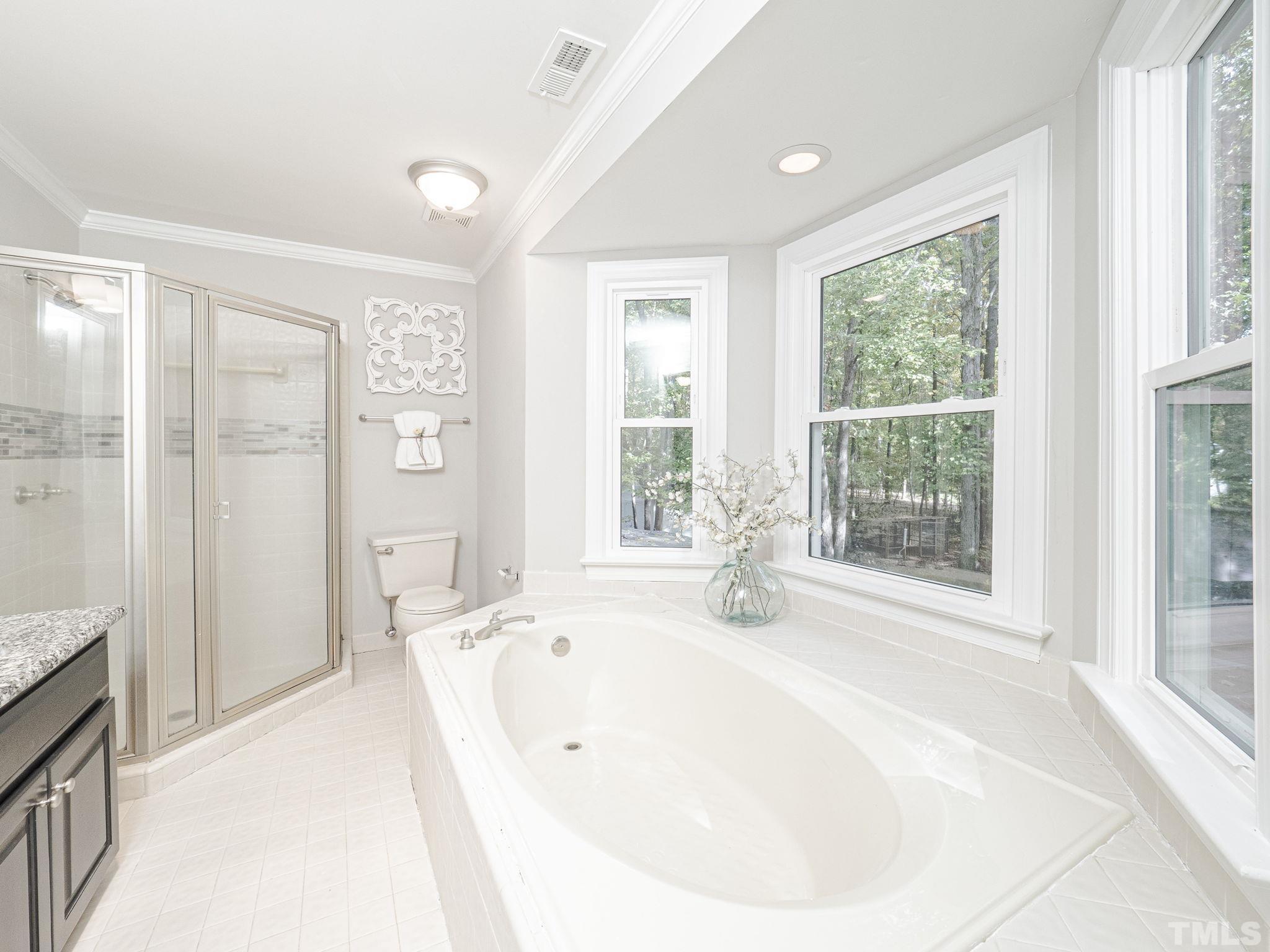 11936 Appaloosa Run East Raleigh, NC 27613 - Photo 21 of 30 a white bath tub sitting in a spacious bathroom next to a window