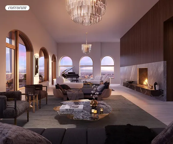 a living room with furniture fireplace and floor to ceiling windows