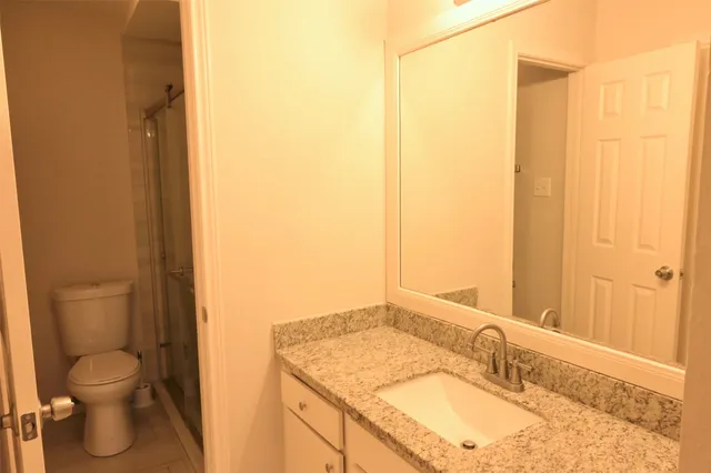 a bathroom with a granite countertop sink toilet and shower