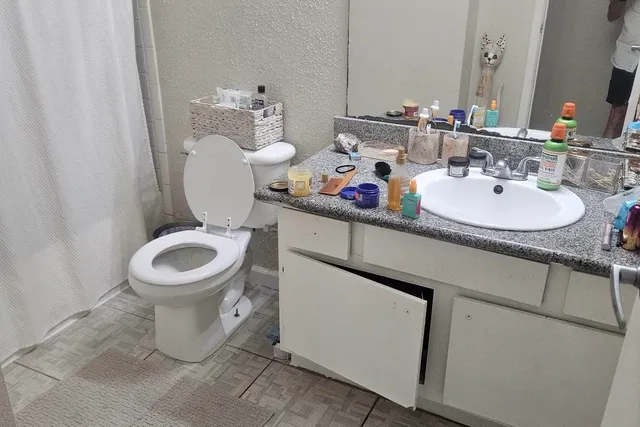 a bathroom with a sink toilet and a mirror