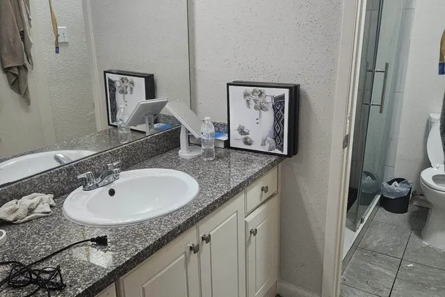 a bathroom with a granite countertop sink and a toilet