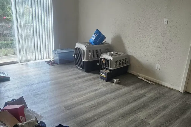 a room with a wooden floor and a window