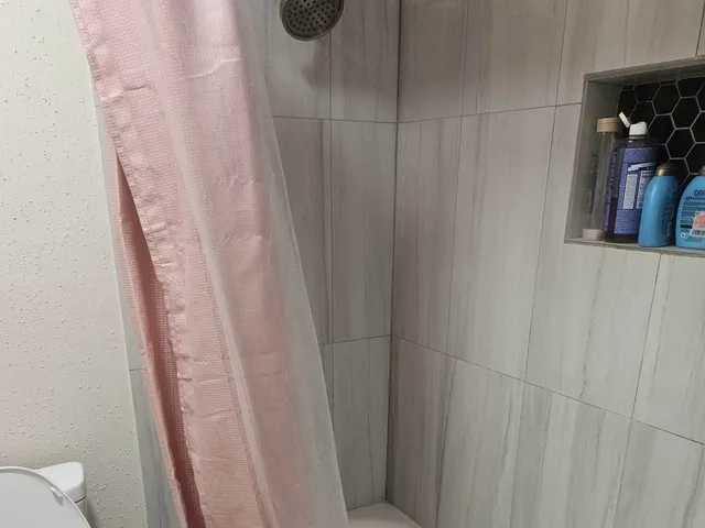 a bathroom with a shower and toilet