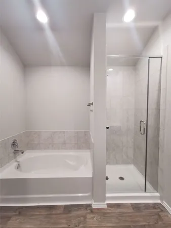 a bathroom with a bathtub and a shower