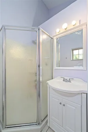 a bathroom with a sink a mirror and a shower