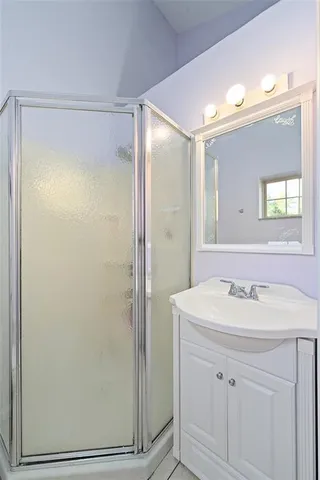 a bathroom with a sink a mirror and a shower
