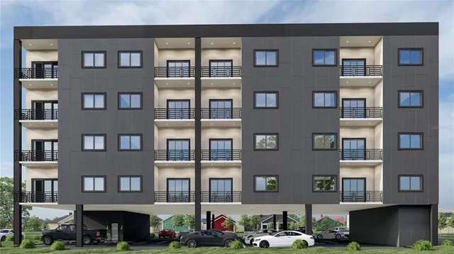 a front view of a building with many windows