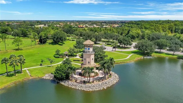 a view of a lake with a city