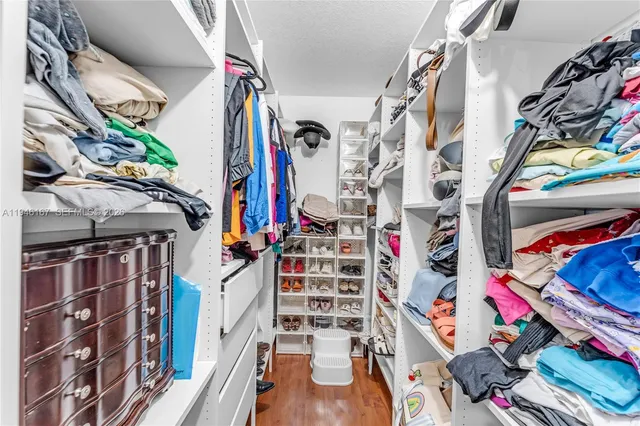 a view of walk in closet with clothes and shoes