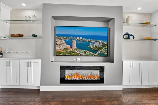 a living room with a fireplace