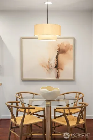 a view of a dining room with furniture