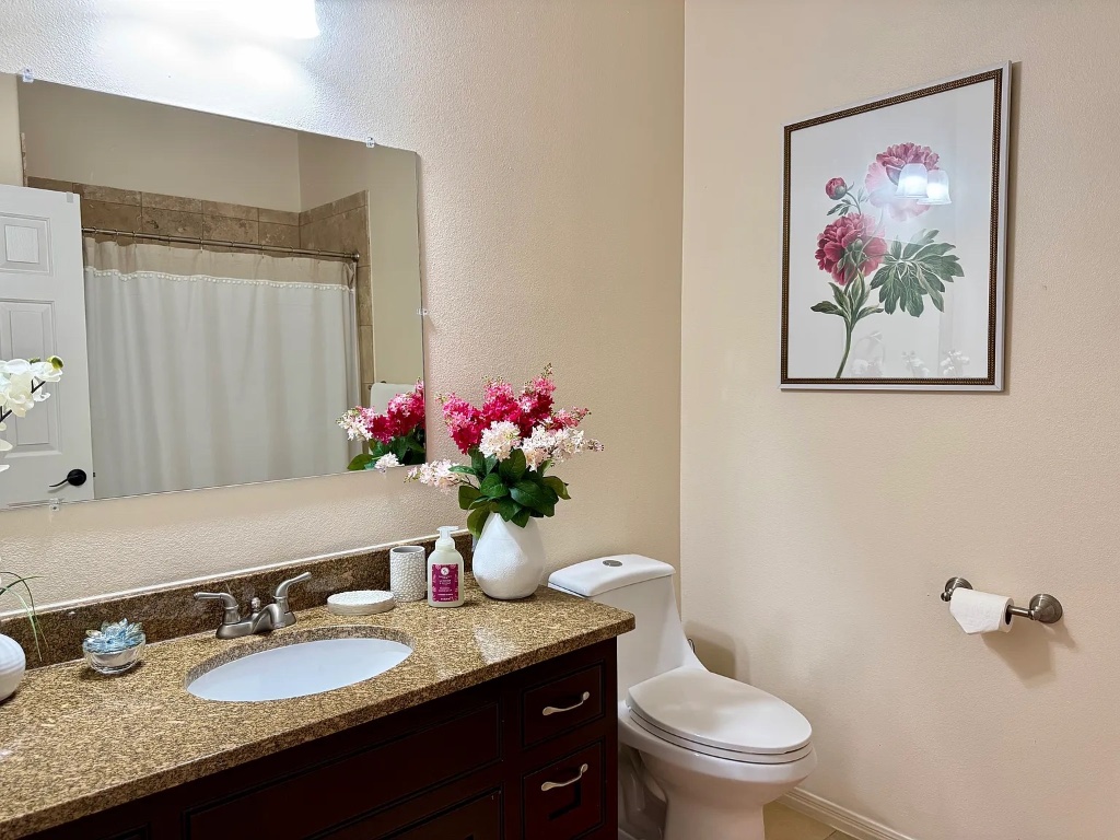 1009 Taulbee Lane, Unit H Austin, TX 78757 - Photo 7 of 17 a bathroom with a granite countertop toilet a sink and a mirror
