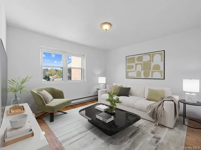 a living room with furniture rug and window