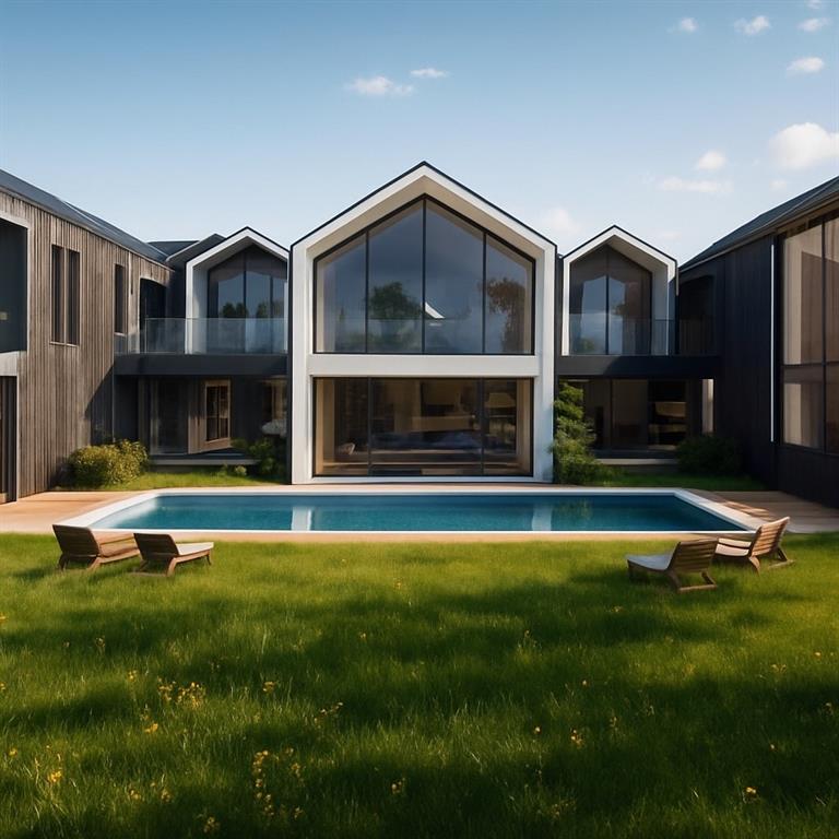 a view of an house with swimming pool and yard