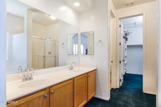 a bathroom with a double vanity sink a mirror and shower