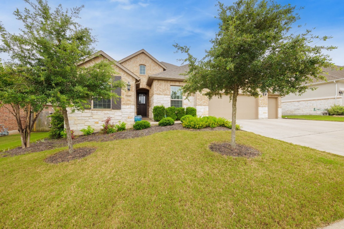 a front view of a house with a yard and trees