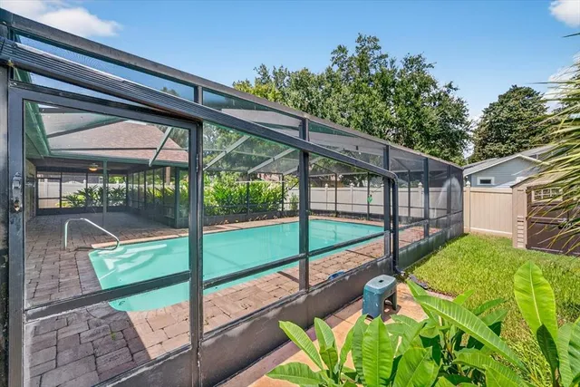 a view of a porch with a backyard