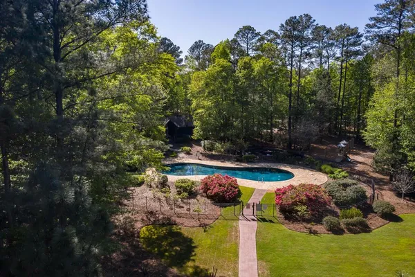 a view of a swimming pool with a yard and plants