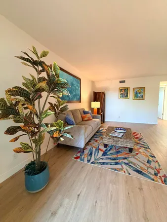 a living room with furniture and a potted plant