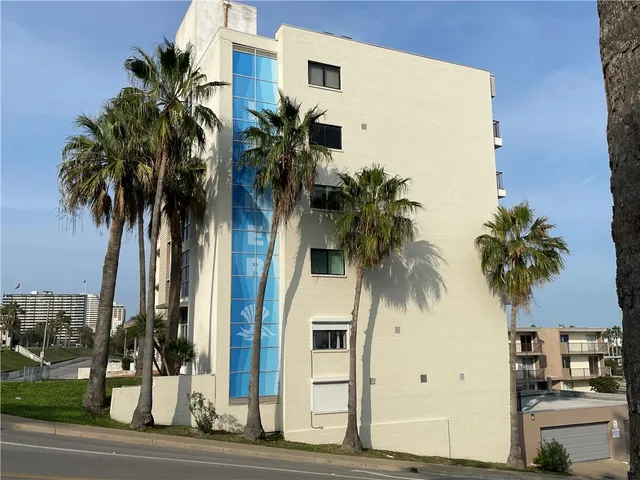 a view of a palm trees in front of a building