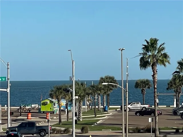 a view of a city with palm trees