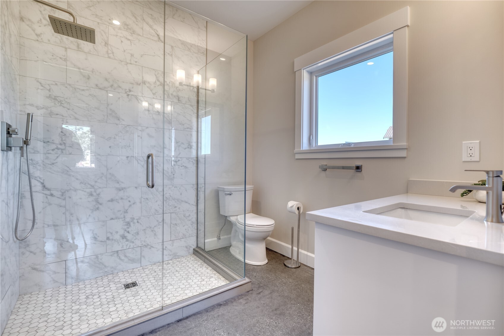 631 Freemans Lane Point Roberts, WA 98281 - Photo 35 of 40 a bathroom with a granite countertop sink a toilet and shower