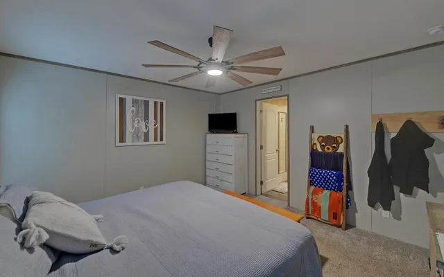 a bed room with a bed and a television