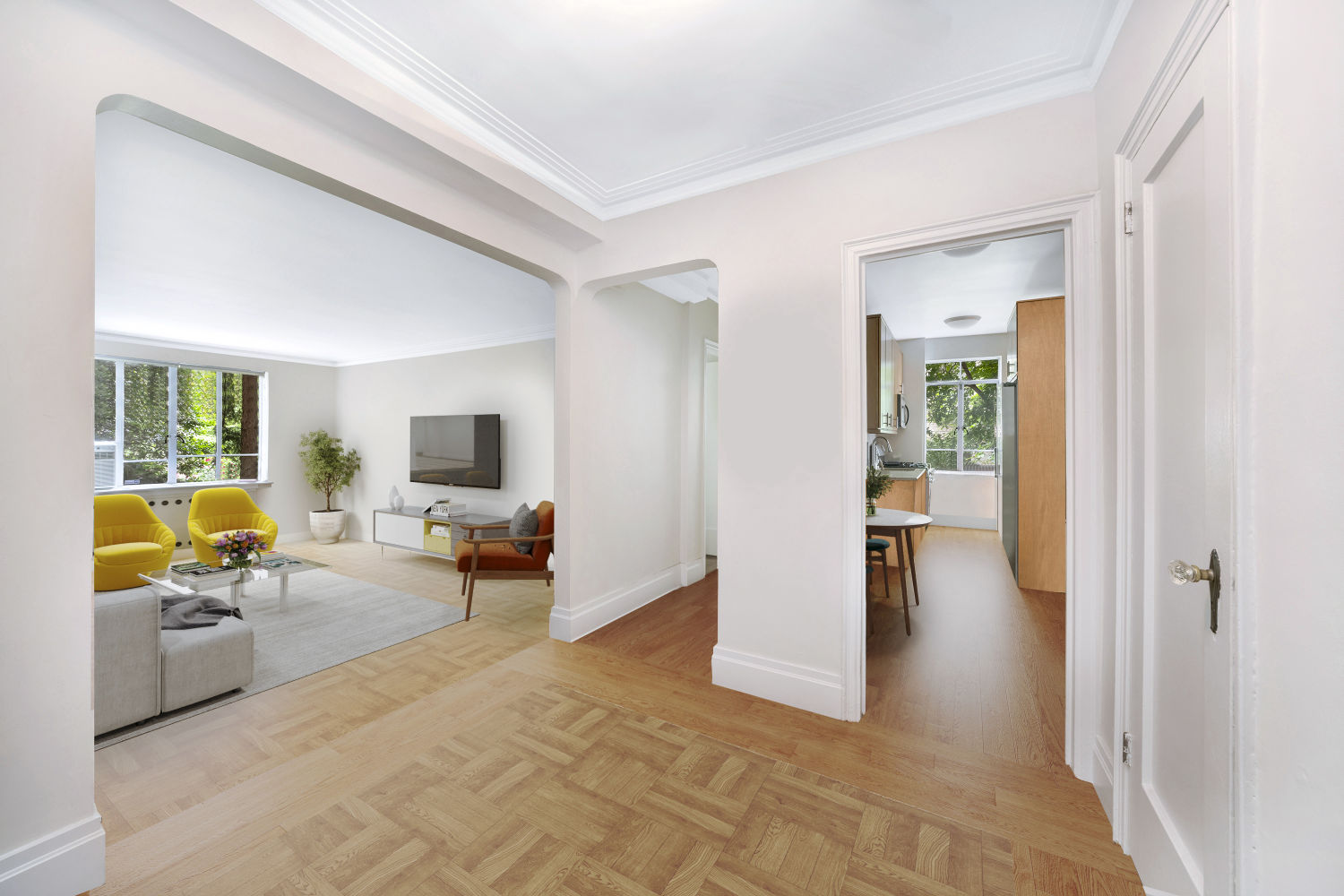 a living room with furniture and a table