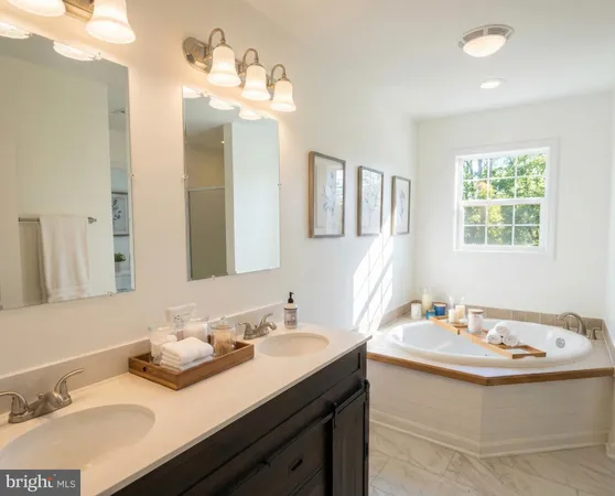a bathroom with a sink double vanity granite and a mirror