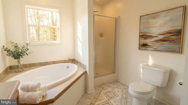 a bathroom with a tub and toilet