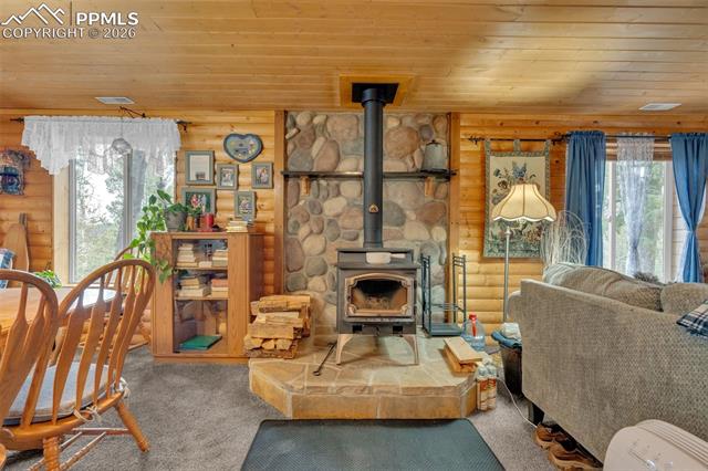 847 Timber Ridge Road Divide, CO 80814 - Photo 6 of 41 Central wood-burning stove with a stone surround and hearth