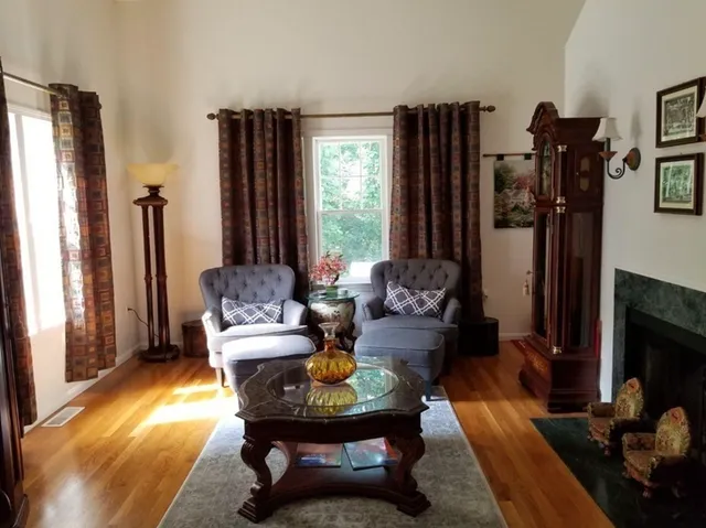 a living room with furniture and a fireplace