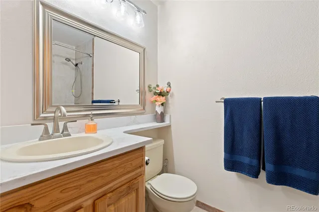 a bathroom with a sink a toilet a mirror and vanity