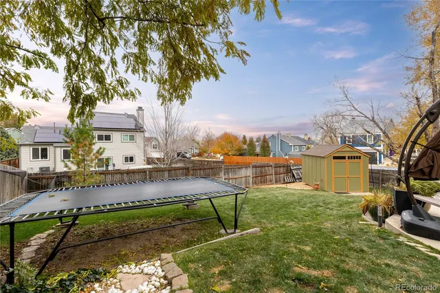 a garden view with a seating space