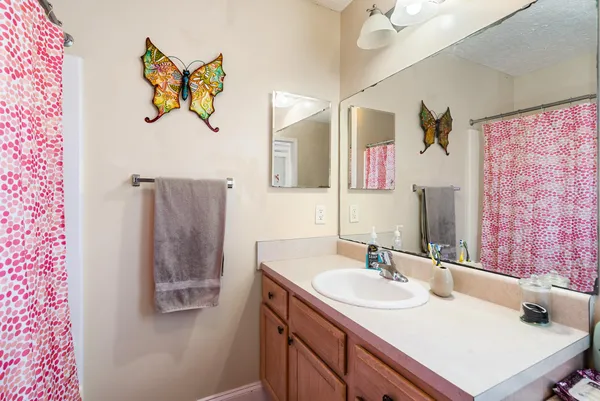 a bathroom with a sink mirror and vanity