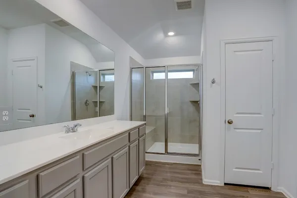 a bathroom with a double vanity sink shower and a mirror