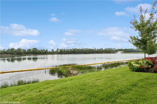 a view of a lake with houses in the back
