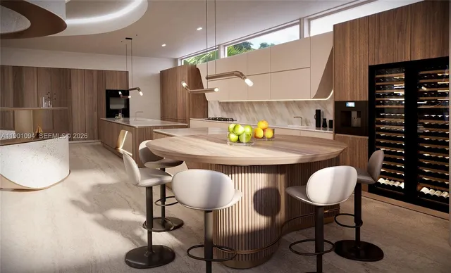 a kitchen with a table chairs and a stove