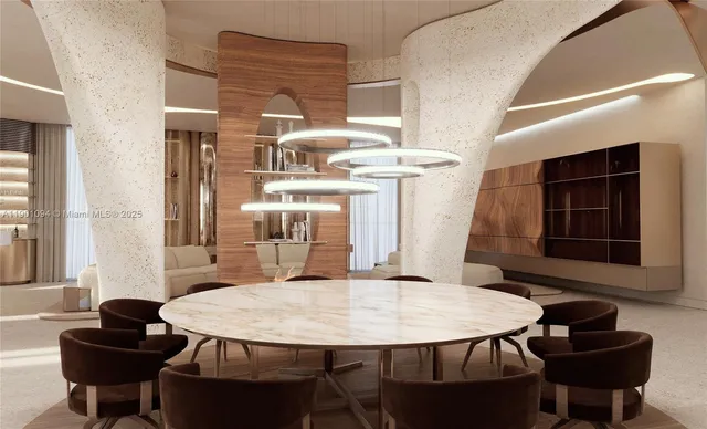 a dining room with furniture and wooden floor