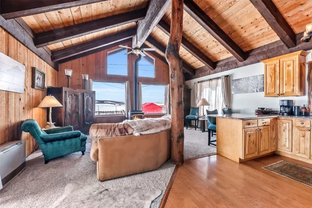 a living room with furniture and a kitchen