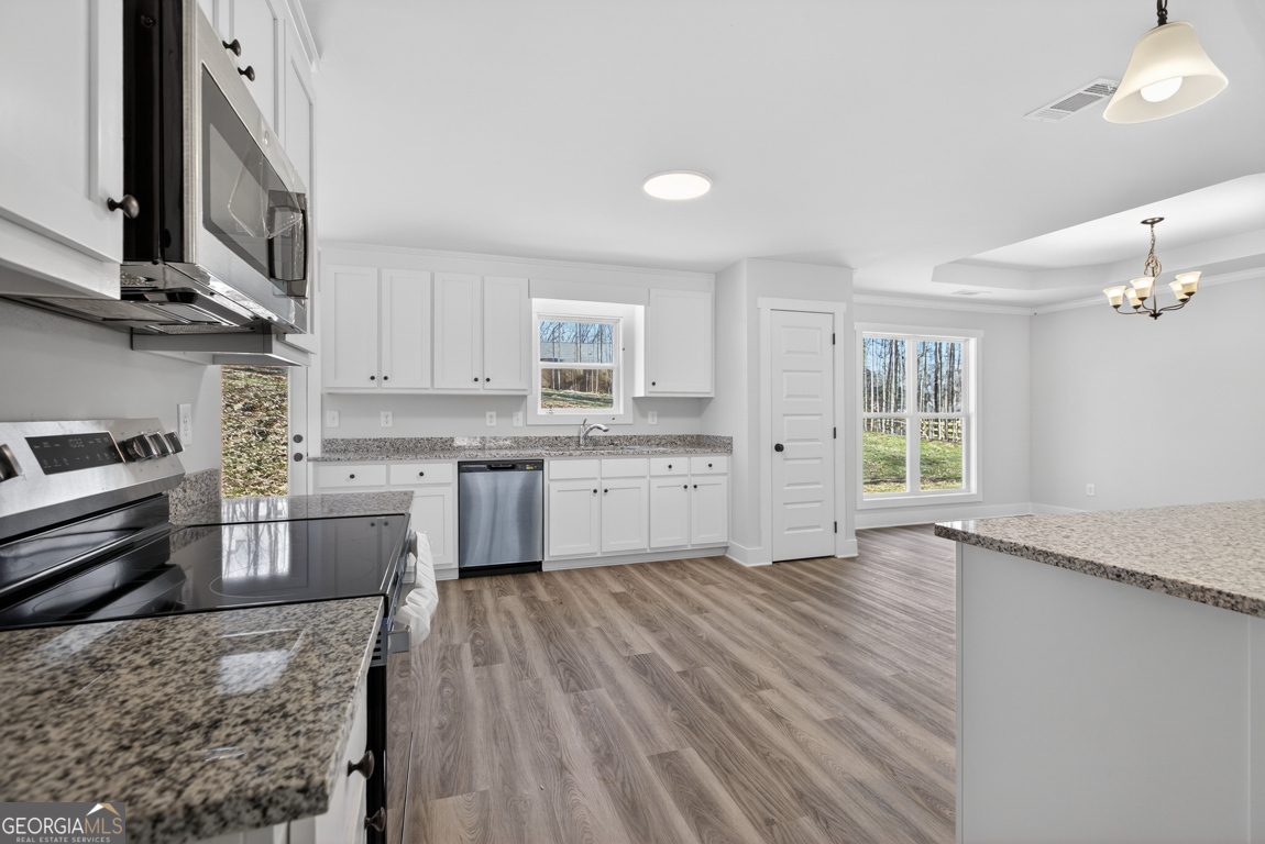 140 Chad Walk, Unit 57 Statham, GA 30666 - Photo 9 of 36 a kitchen with stainless steel appliances granite countertop a stove a sink dishwasher and a refrigerator with wooden floor