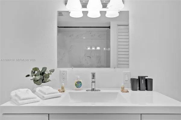 a bathroom with a sink a vanity and a potted plant