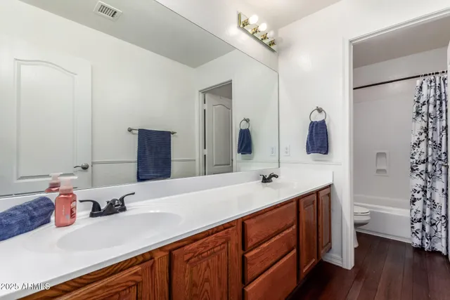 a bathroom with a double vanity sink mirror and shower
