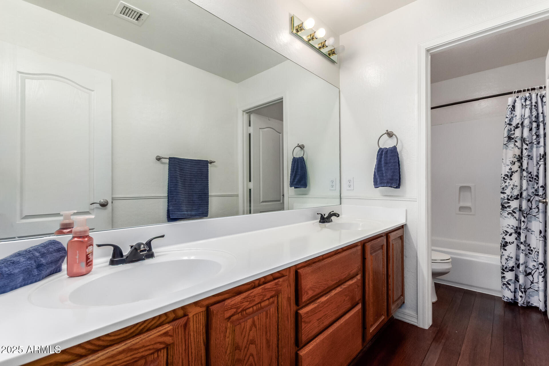 2859 East Millbrae Lane Gilbert, AZ 85234 - Photo 30 of 42 a bathroom with a double vanity sink mirror and shower