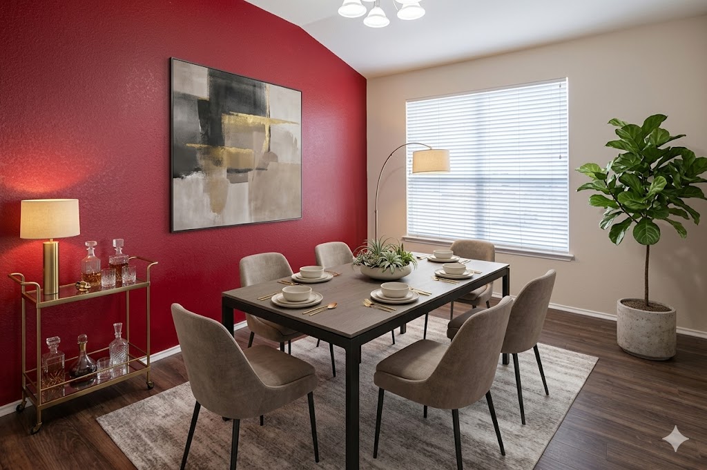 508 Emma Rose Trail Leander, TX 78641 - Photo 16 of 40 This formal dining space features rich accent walls and an inviting layout, ideal for memorable gatherings.