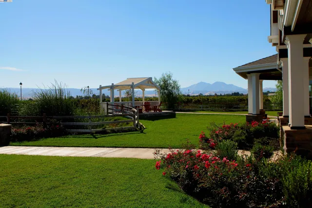 a view of a garden with houses