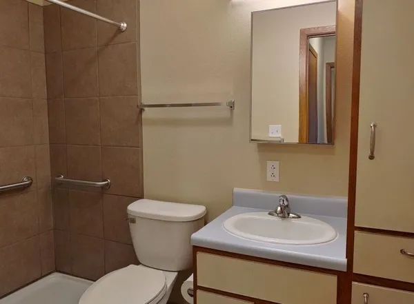 a bathroom with a sink a toilet and a mirror