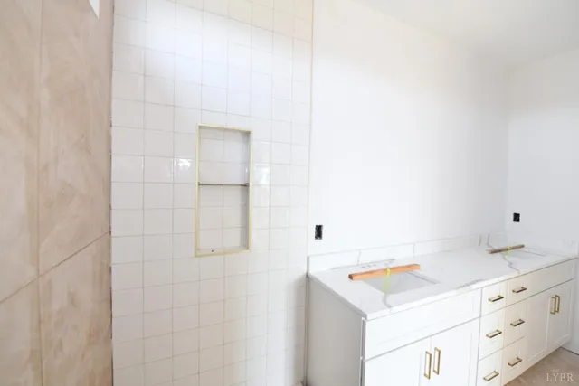 a room with cabinets and dust bin