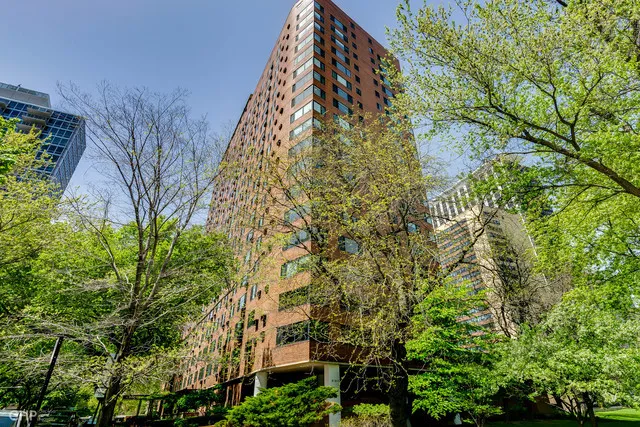 a view of a city from a yard