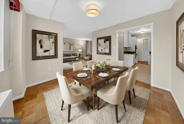 a view of a dining room with furniture
